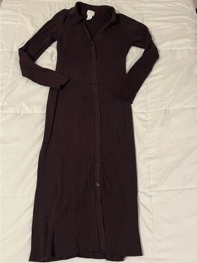 H&M Ribbed Button-Front Maxi Dress in Brown
